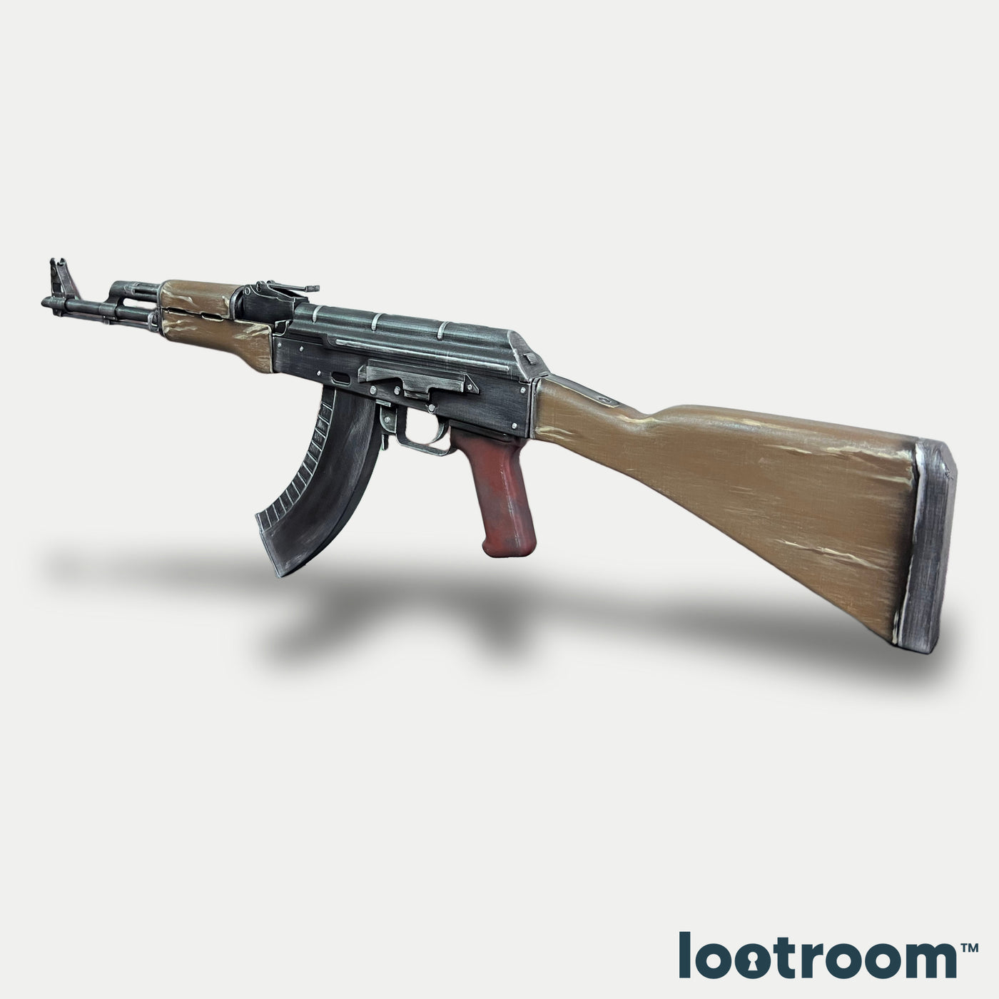 CS2 AK-47 default prop at a three-quarter angle, wood-look stock and handguard against the dark receiver