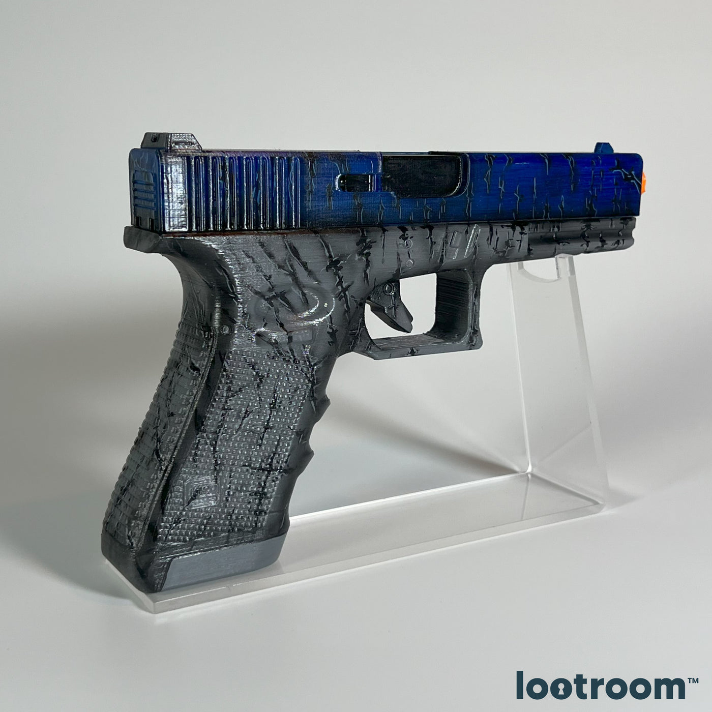 CS2 Glock-18 Blue Fissure prop at an angle, standing on the optional acrylic stand