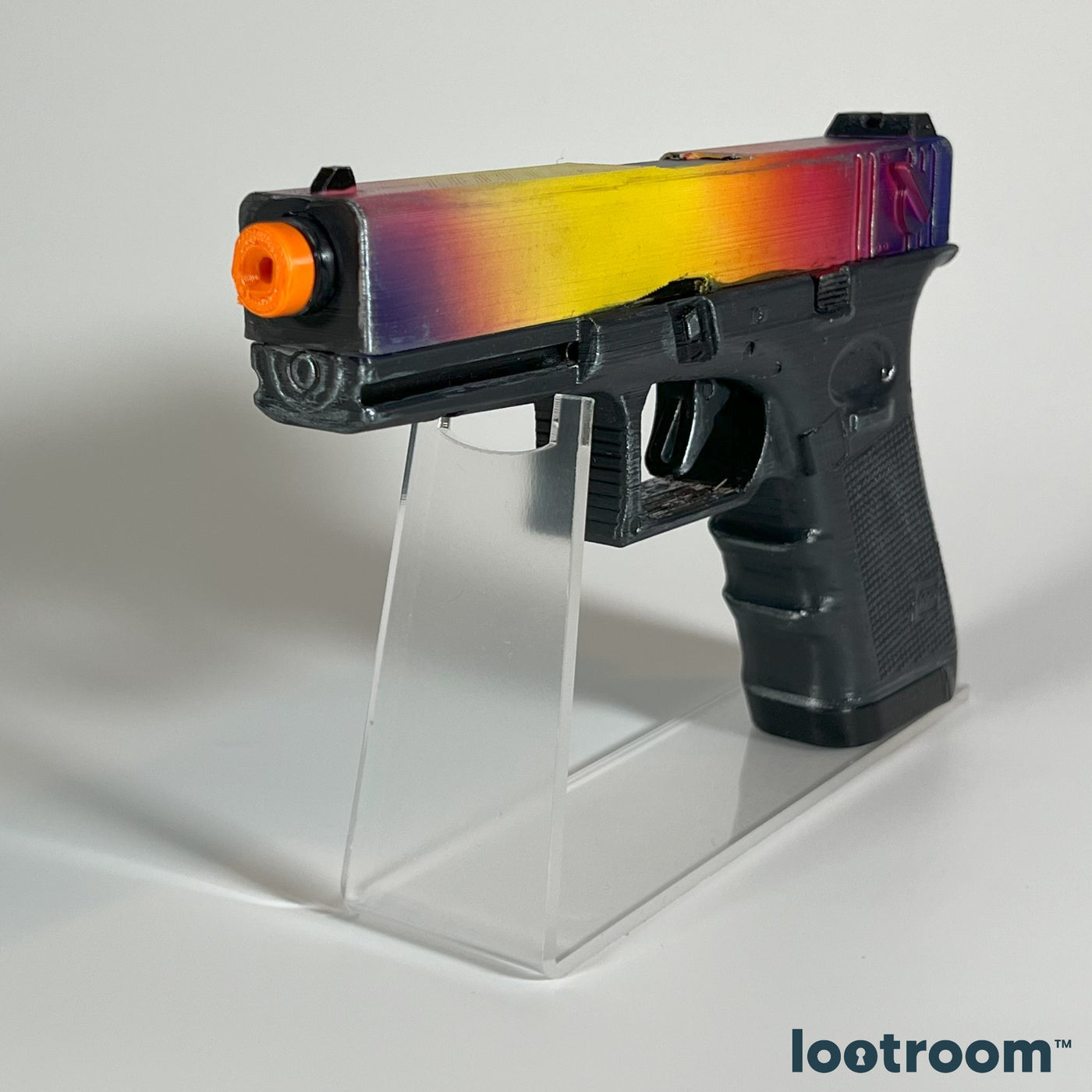 CS2 Glock-18 Fade prop from the front at an angle, full 19.5cm of hand-airbrushed PLA