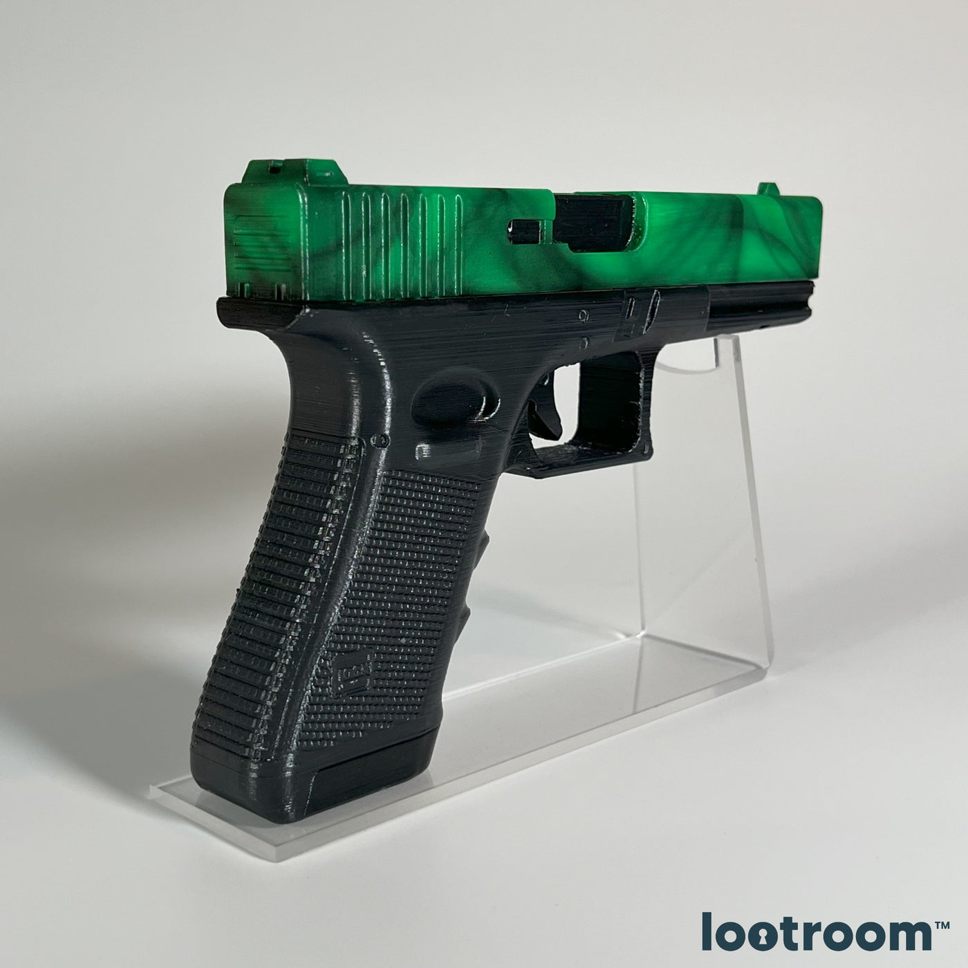 CS2 Glock-18 Gamma Doppler Emerald prop at an angle, standing on the optional acrylic stand