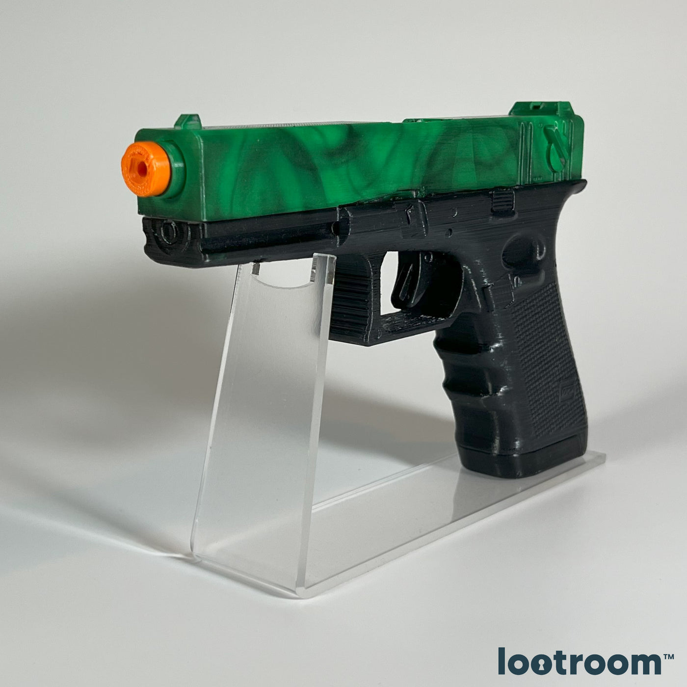 CS2 Glock-18 Gamma Doppler Emerald prop from the front at an angle, full 19.5cm of hand-airbrushed PLA