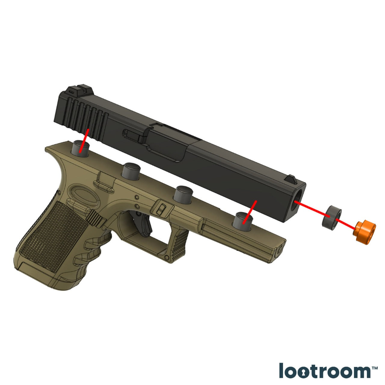 Exploded diagram of the Glock-18 STL files, the slide, frame and barrel parts pulled apart with assembly arrows