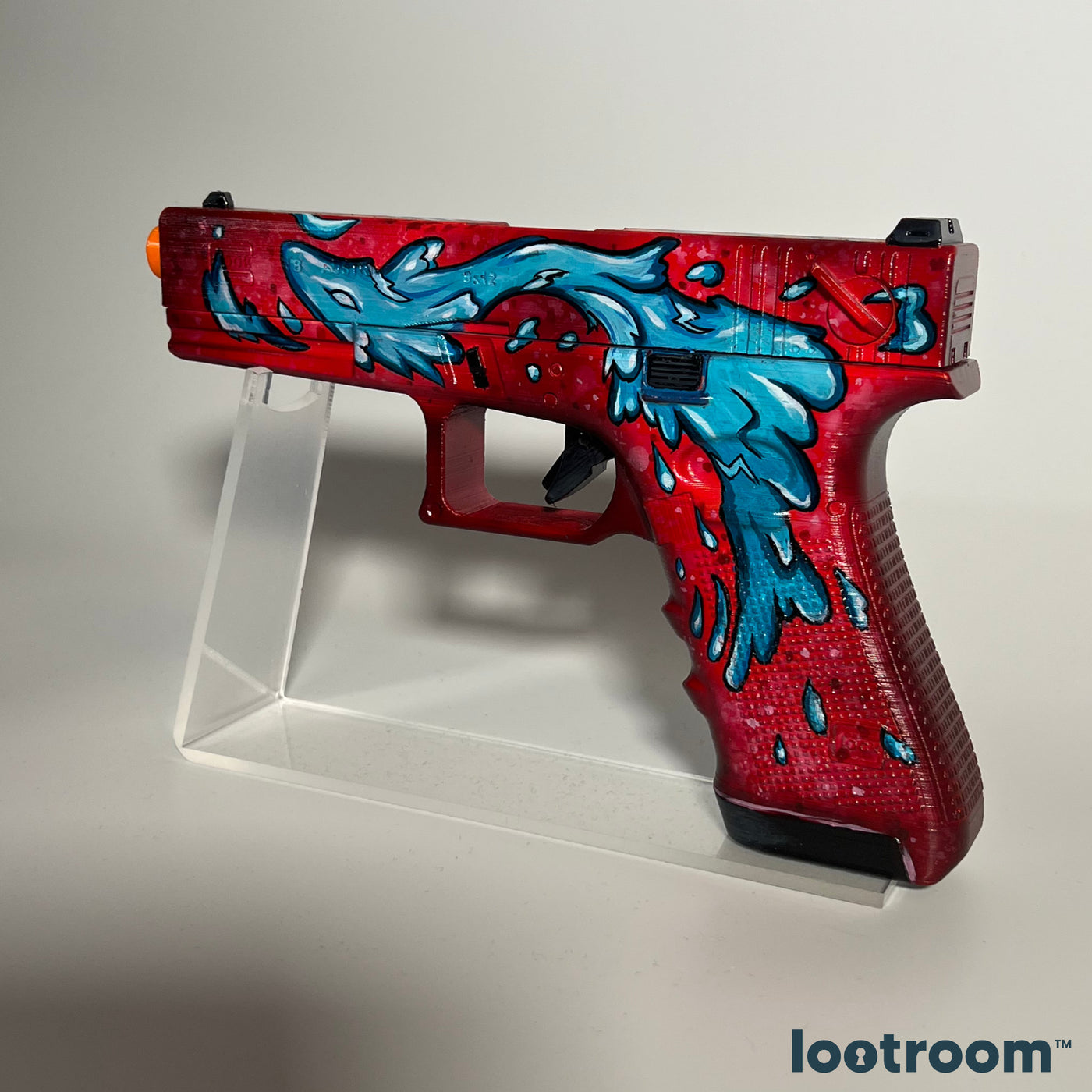 CS2 Glock-18 Water Elemental prop at an angle, standing on the optional acrylic stand
