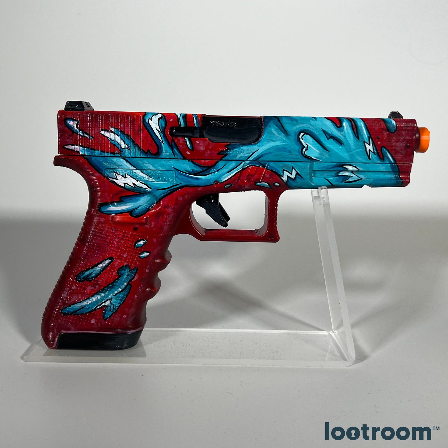 CS2 Glock-18 Water Elemental prop from the side, deep red with cyan water breaking across the slide