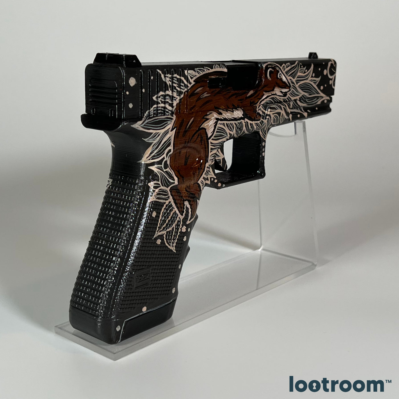 CS2 Glock-18 Weasel prop from the rear quarter, standing on the optional acrylic stand