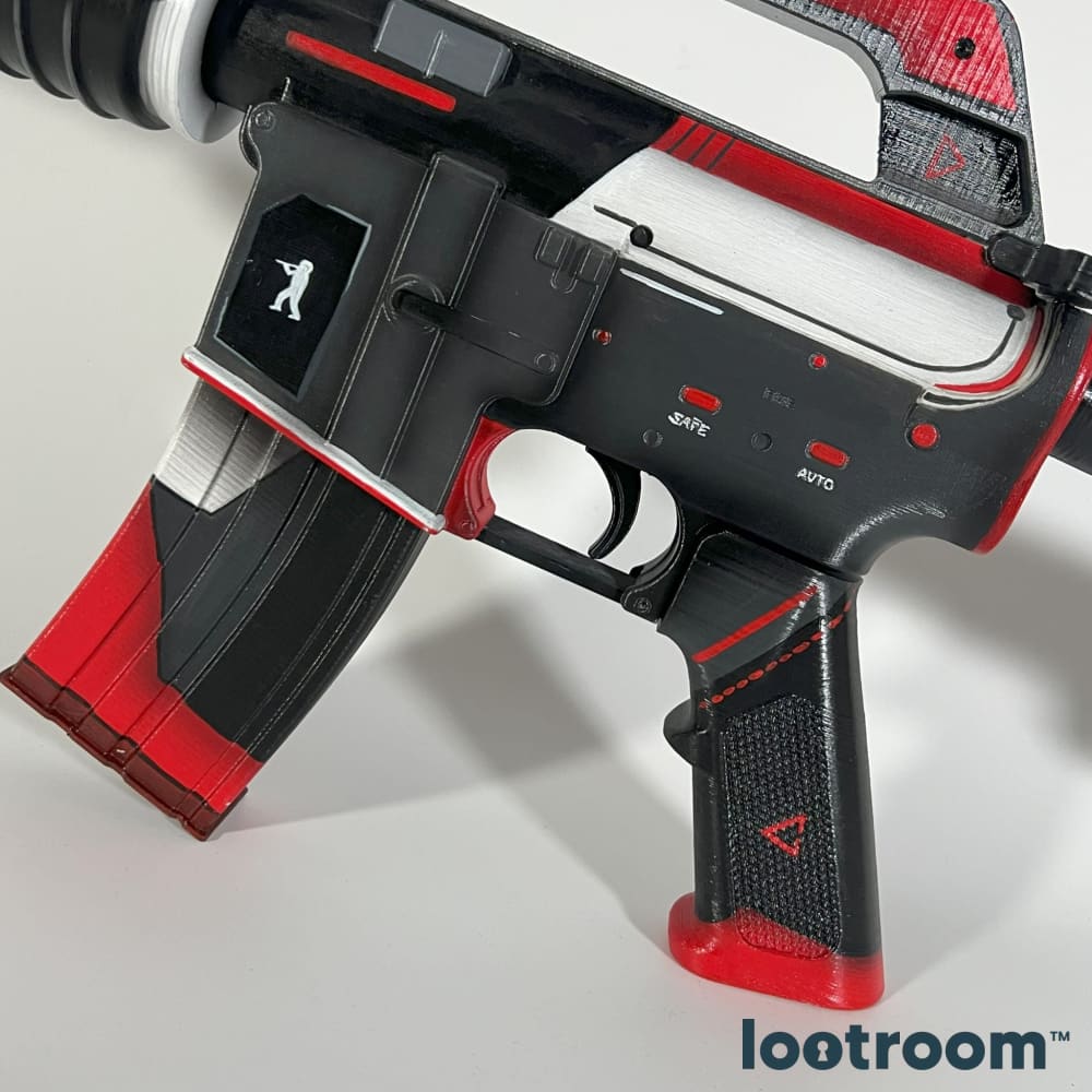 Receiver of the CS2 M4A1-S Cyrex prop with the white player silhouette and the red SAFE and AUTO lettering