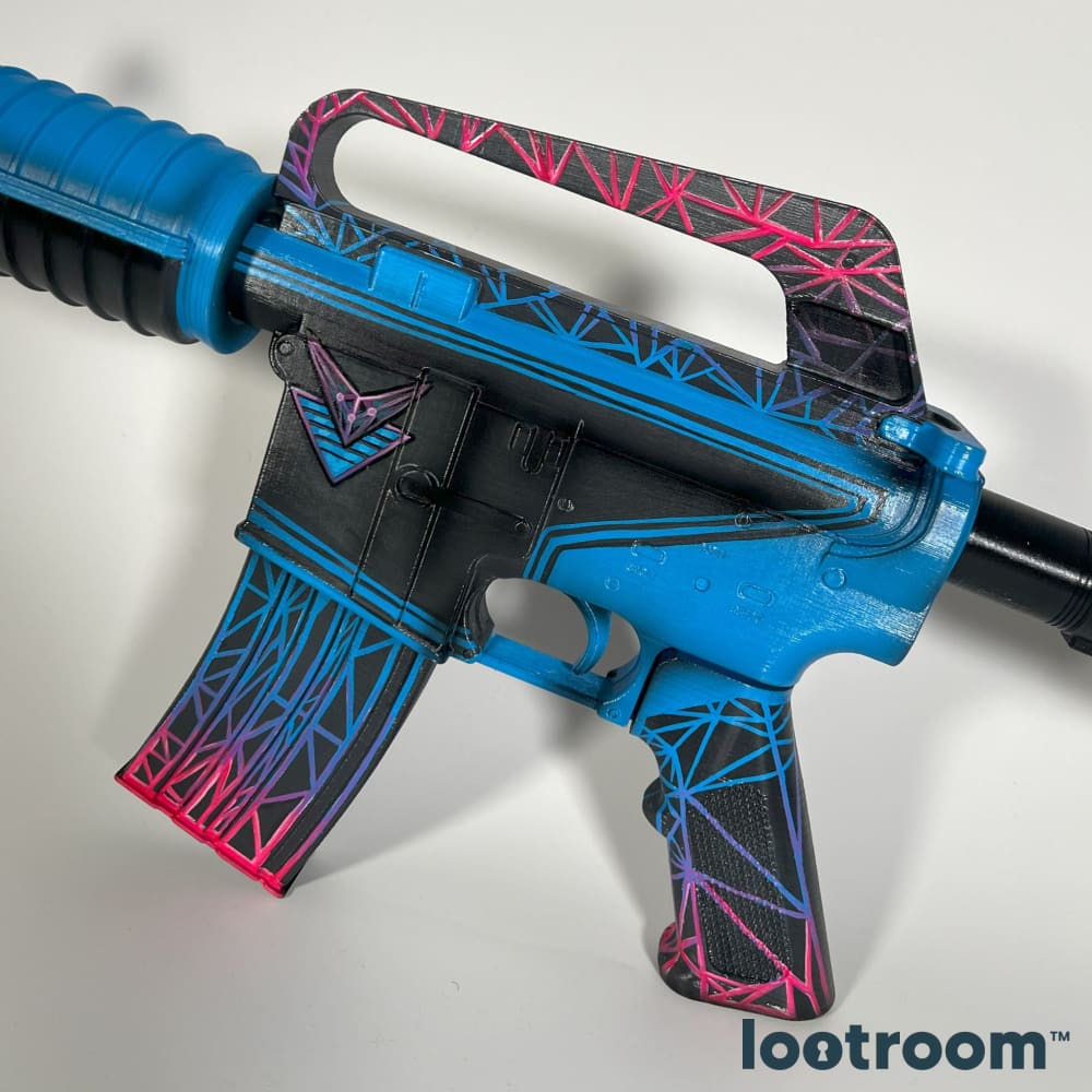 Receiver of the CS2 M4A1-S Decimator prop with the cyan chevron and the pink magazine base