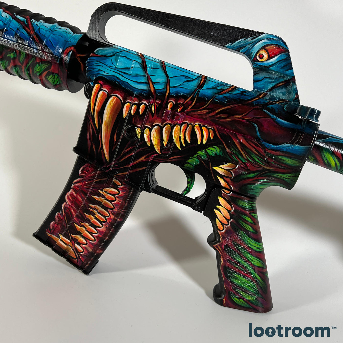 Receiver of the CS2 M4A1-S Hyper Beast prop with the open jaws, the crimson throat and the red eye