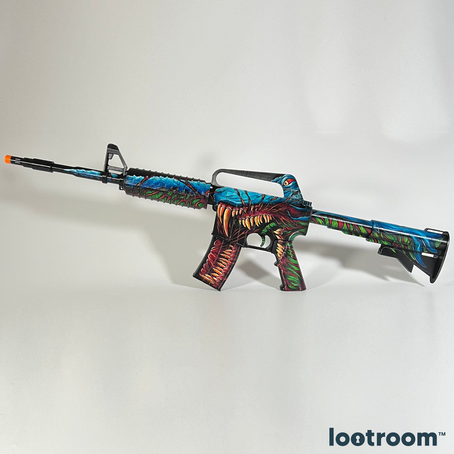 CS2 M4A1-S Hyper Beast prop from the side, the creature's orange fangs running across the receiver