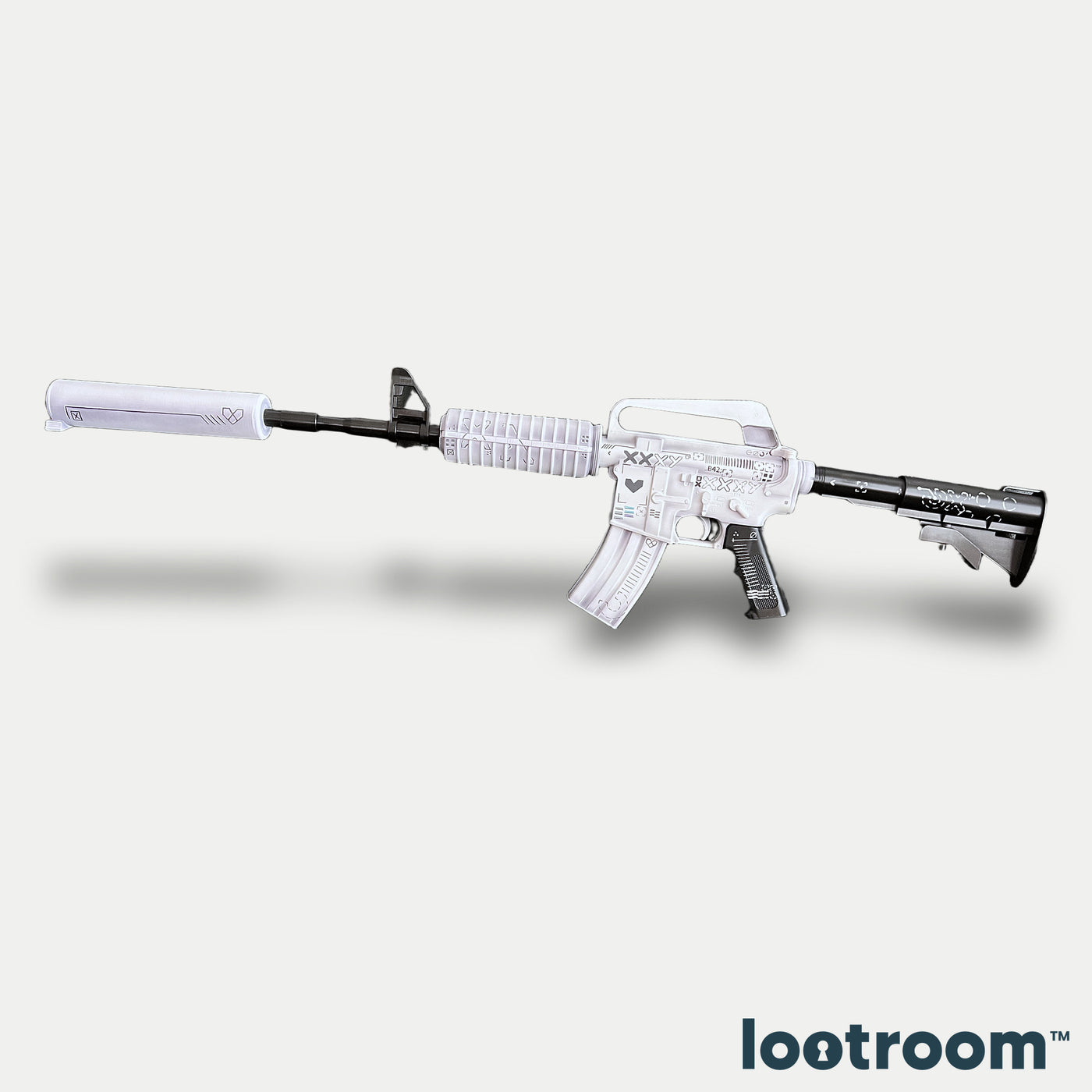 CS2 M4A1-S Printstream prop from the side with the silencer attached, a white body against a black stock and barrel, line drawings across both