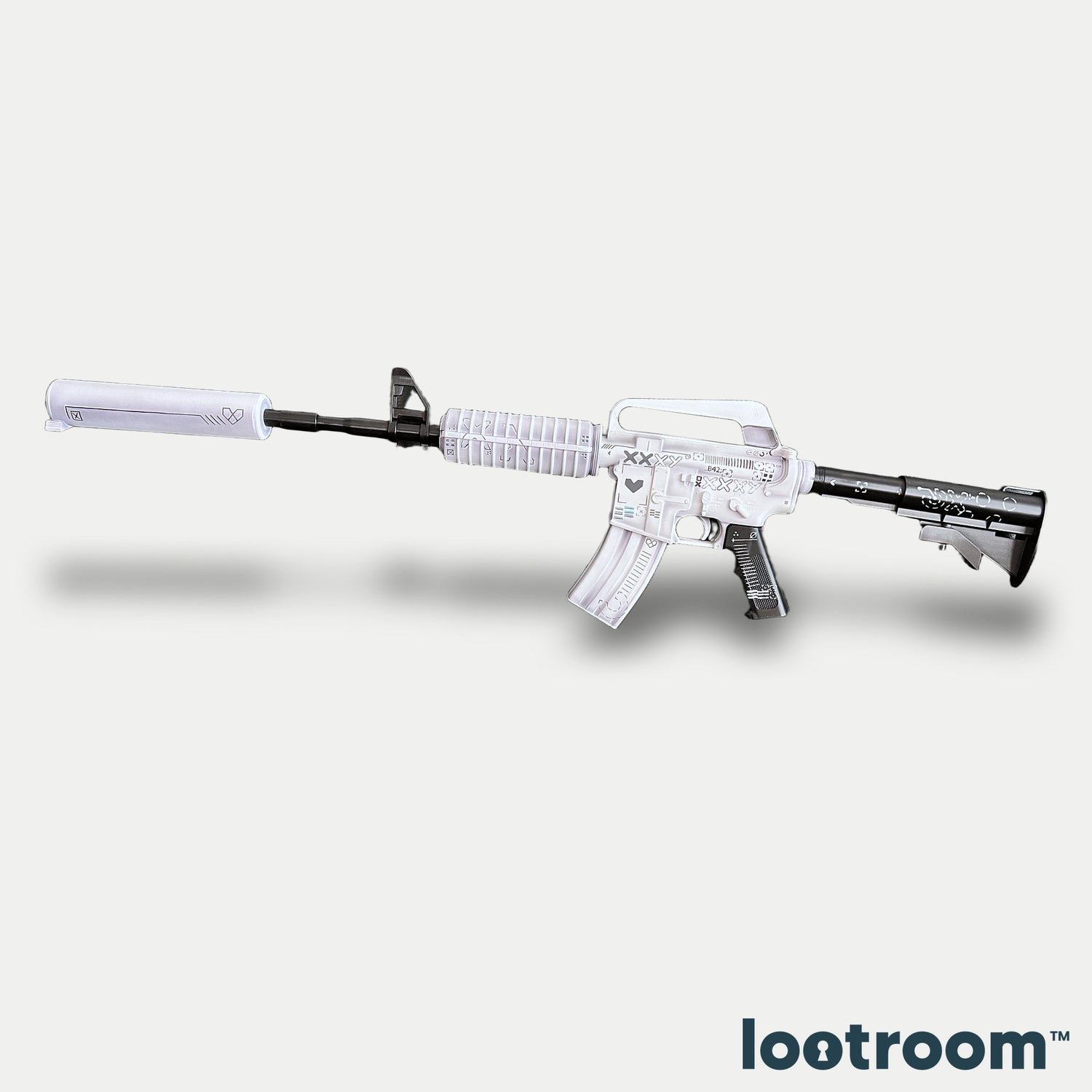 CS2 M4A1-S Printstream prop from the side with the silencer attached, a white body against a black stock and barrel, line drawings across both