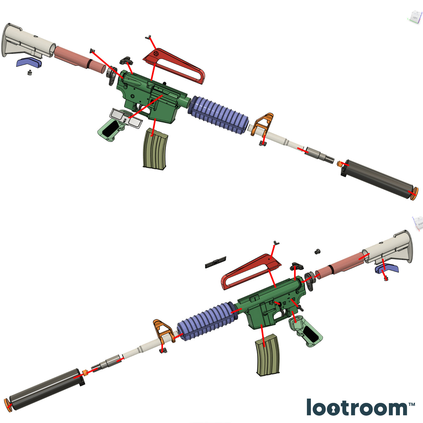 Exploded diagram of the CS M4A1-S STL files, shown from both sides with the silencer as its own part