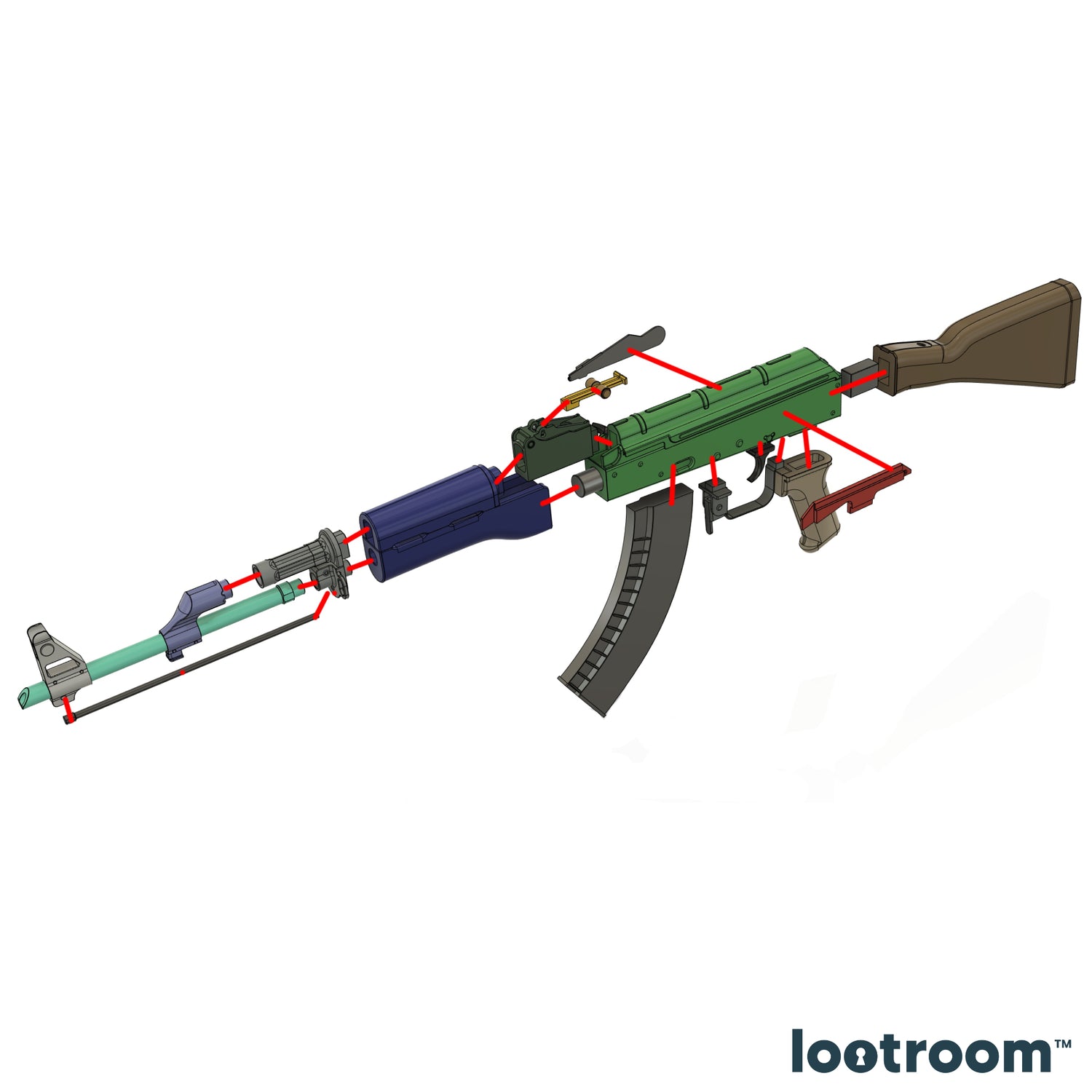 Exploded diagram of the CS AK-47 STL files, body, handle, barrel and butt parts separated with assembly arrows