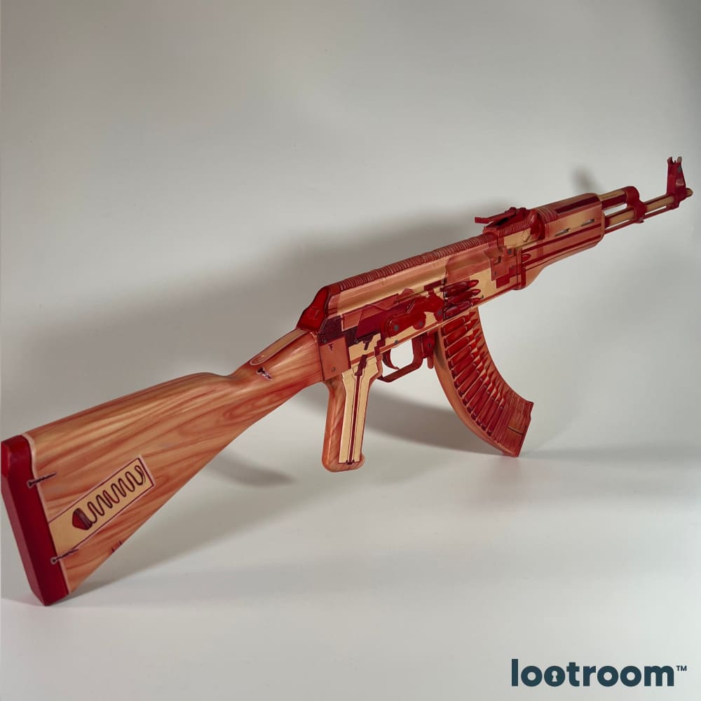 CS2 AK-47 X-Ray prop at an angle, wood-look stock and red receiver