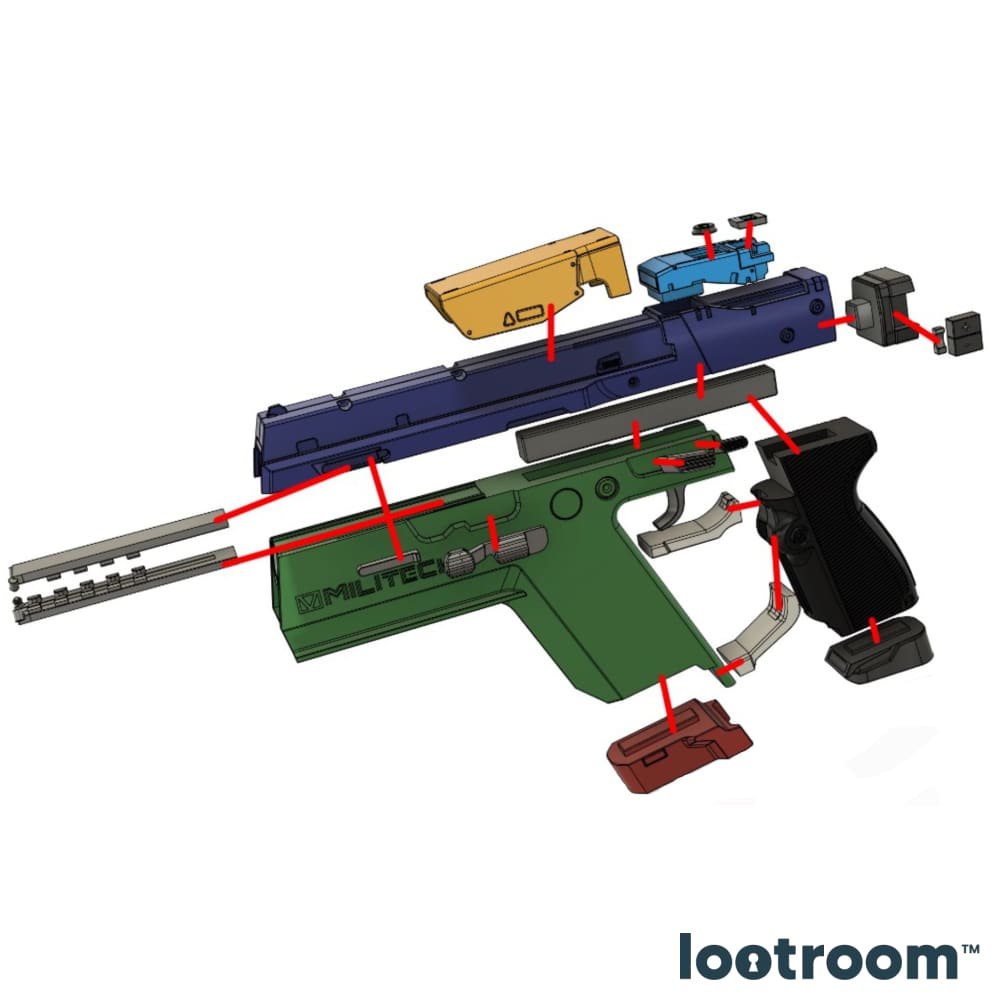 Exploded diagram of the Cyberpunk 2077 Pariah pistol STL files, every printed part separated with assembly arrows
