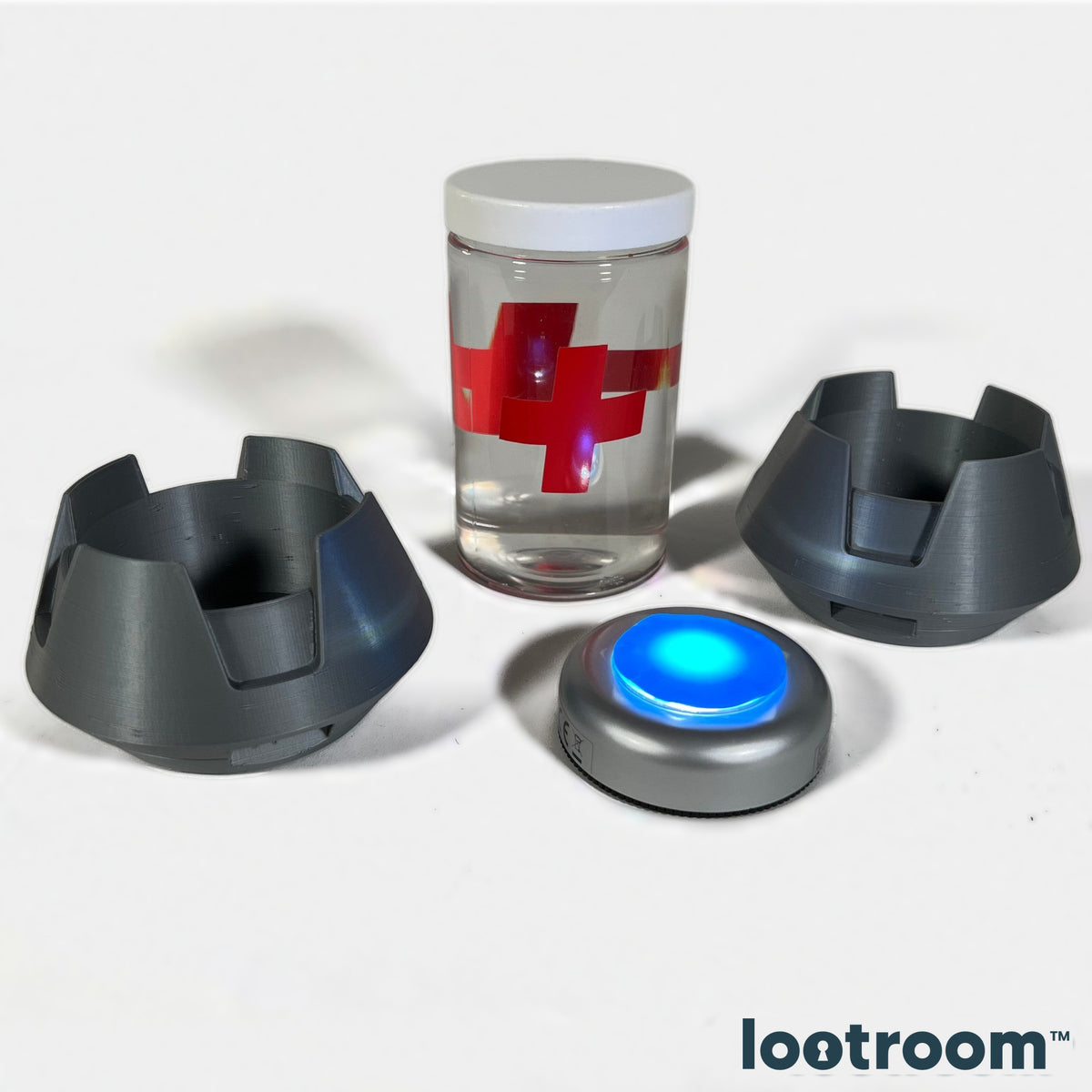 Overwatch Health Pack parts: water jar with red cross, glowing LED puck and two printed shells