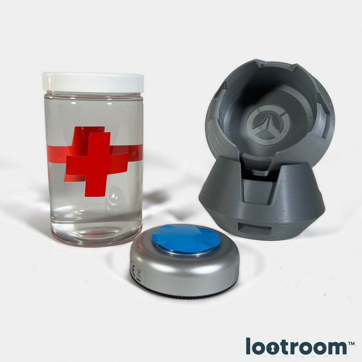 Overwatch Health Pack parts, with the Overwatch logo printed inside the top shell