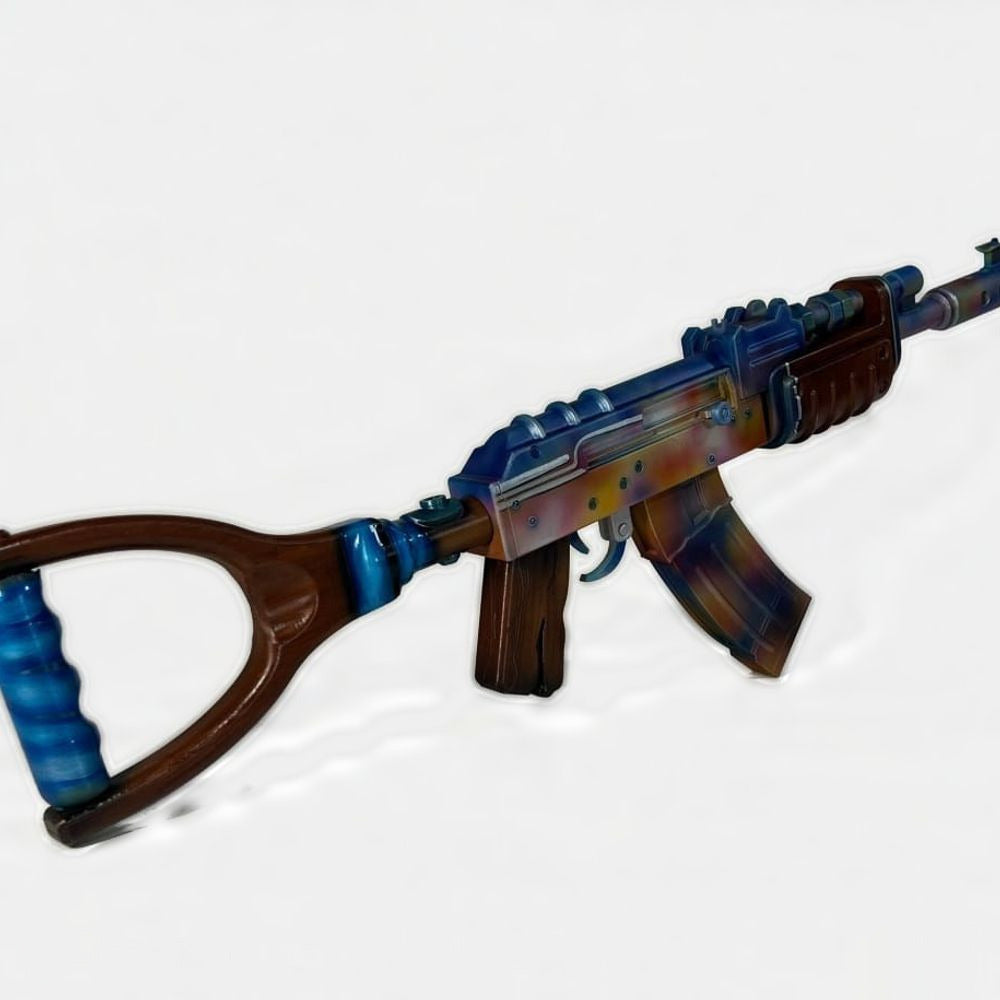The Blue Gem AK prop at an angle, showing the wood-look stock frame and the blue painted grip wrap.