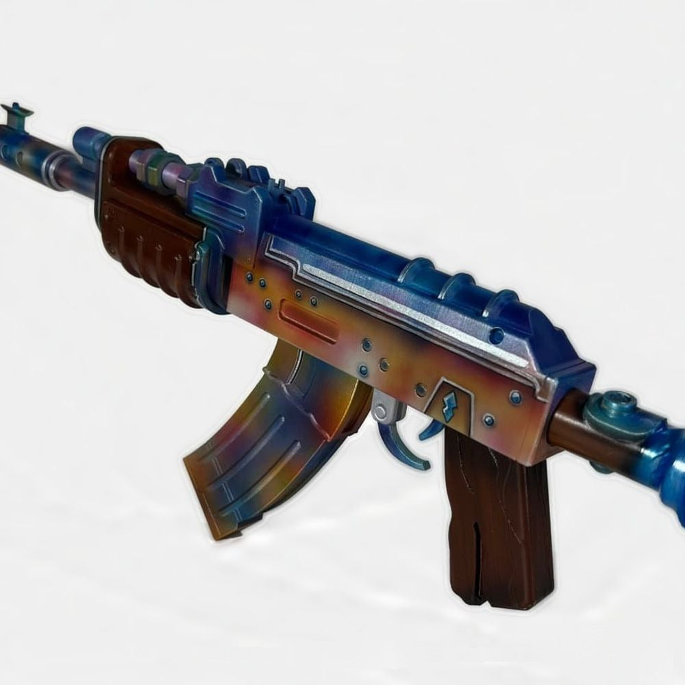 Close-up of the Blue Gem AK receiver and magazine, where the blue shifts into pink and orange.