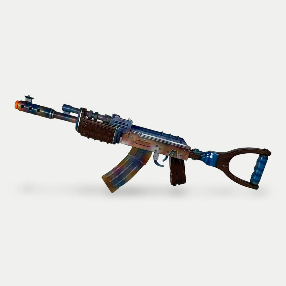 The 75cm Blue Gem AK prop from the other side, wood-look stock and handguard against the colour gradient.