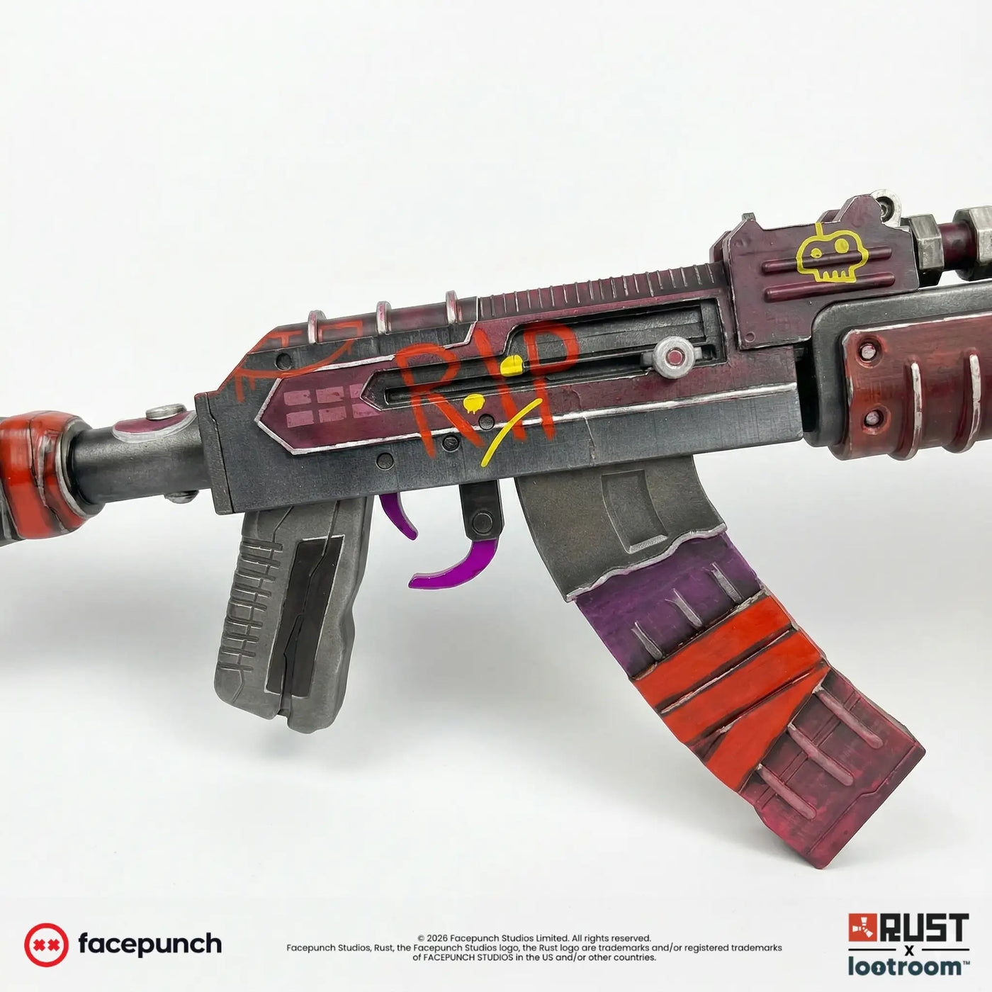 Magazine and receiver of the Rust Candy Hunter AK prop with the orange RIP scrawl