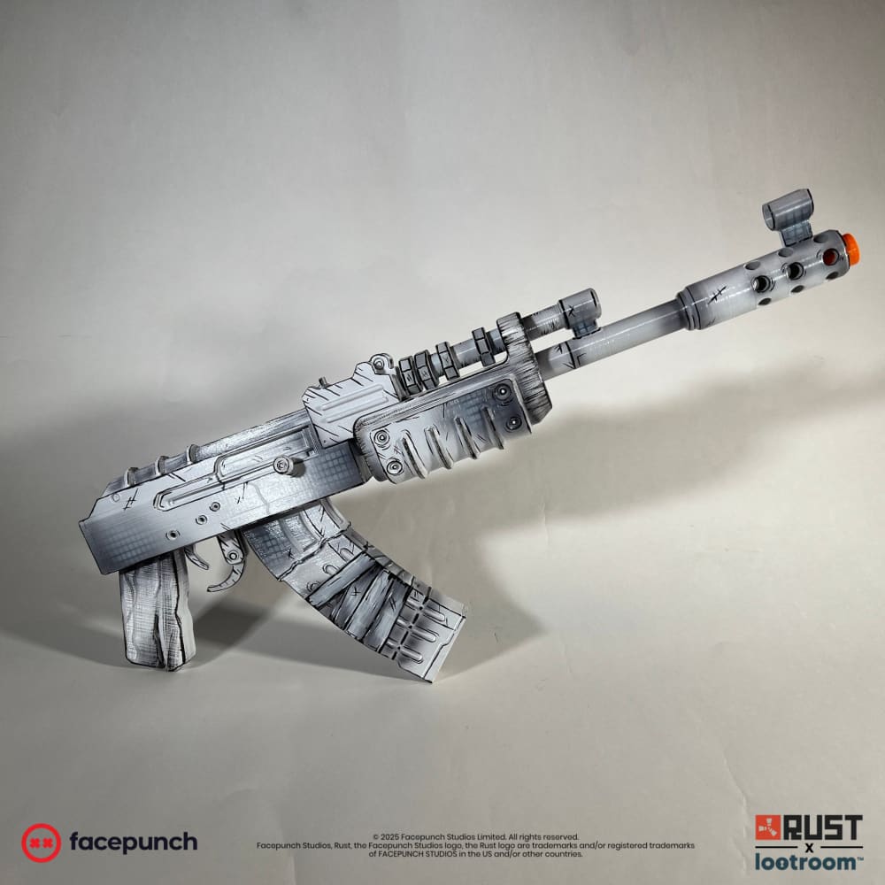 Rust Comics AK prop at an angle, the 50cm short-stock build drawn in black-and-white comic ink.