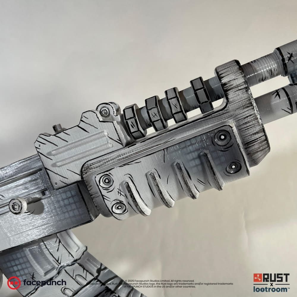 Close-up of the Comics AK handguard and gas block, every edge outlined in black.