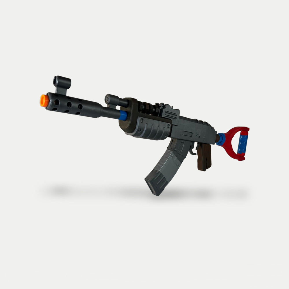 The darker Default AK prop from the muzzle end, brown handguard and taped magazine in view.