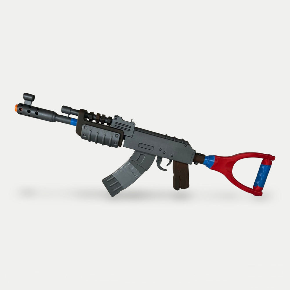 The darker Default AK prop seen from the other side, grey receiver and red shoulder stock.