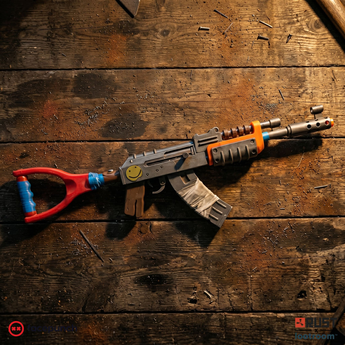 Rust AK Default Skin prop replica lying on dark weathered wood, red stock, orange handguard and bandaged magazine