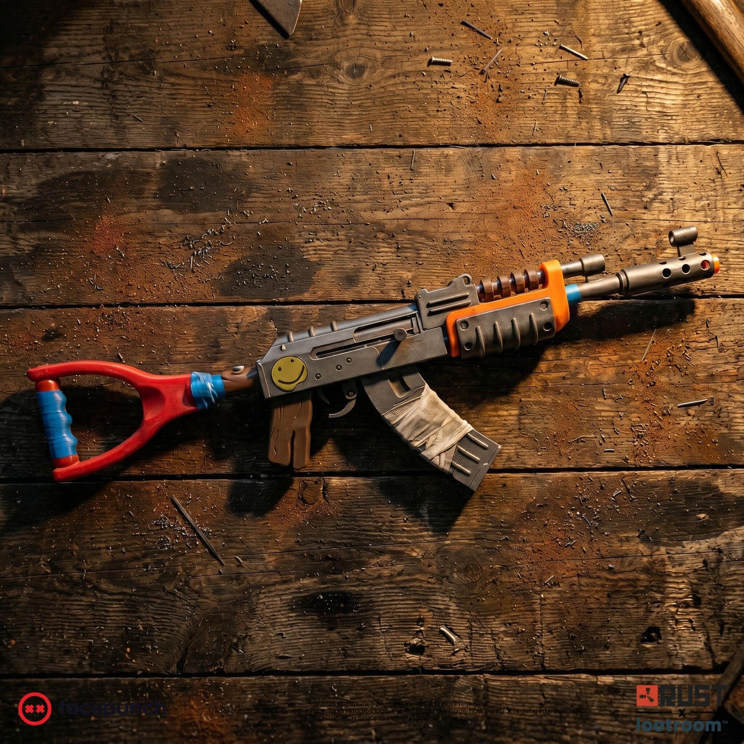 Rust AK Default Skin prop replica lying on dark weathered wood, red stock, orange handguard and bandaged magazine