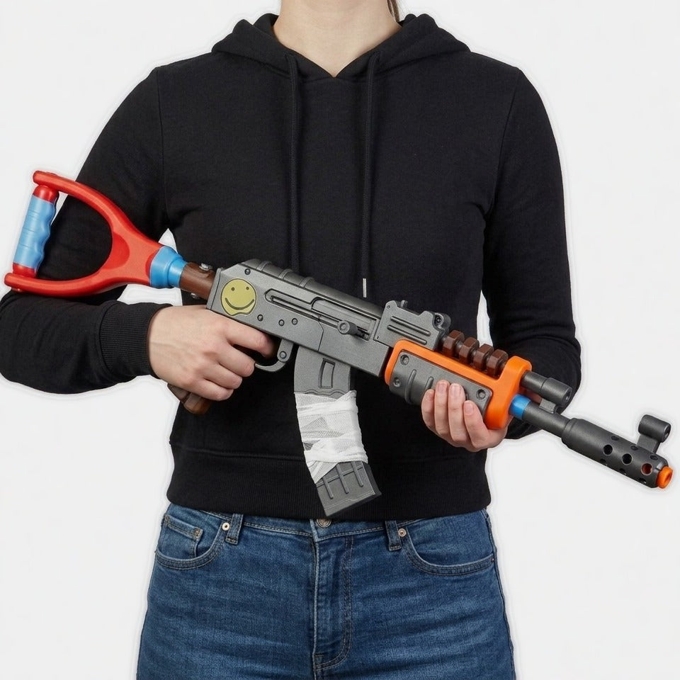 Person in a black hoodie holding the lifesize Rust AK prop replica (75 cm) across the chest