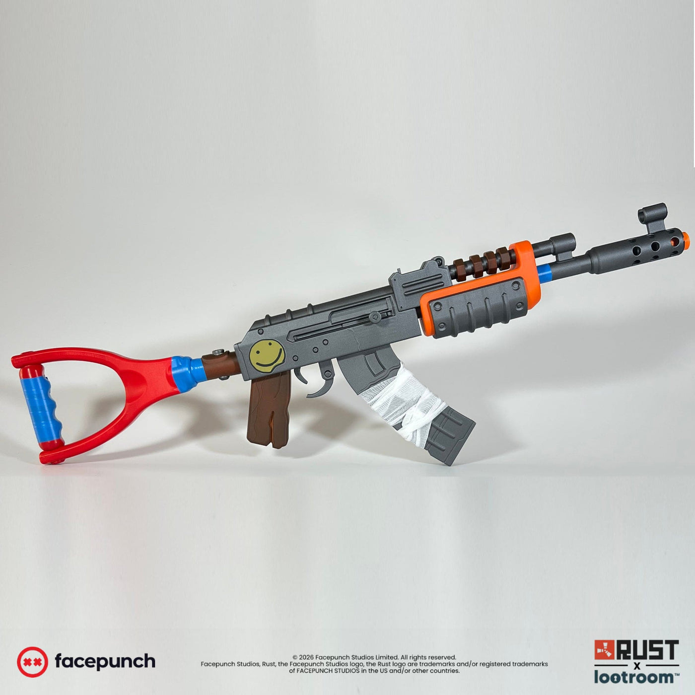 Lifesize Rust AK prop replica in full side view, 75cm from the red stock to the muzzle