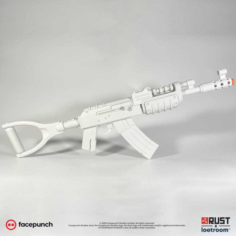 Rust AK DIY prop in unpainted light grey, full side view with the magazine and the rod-look stock.