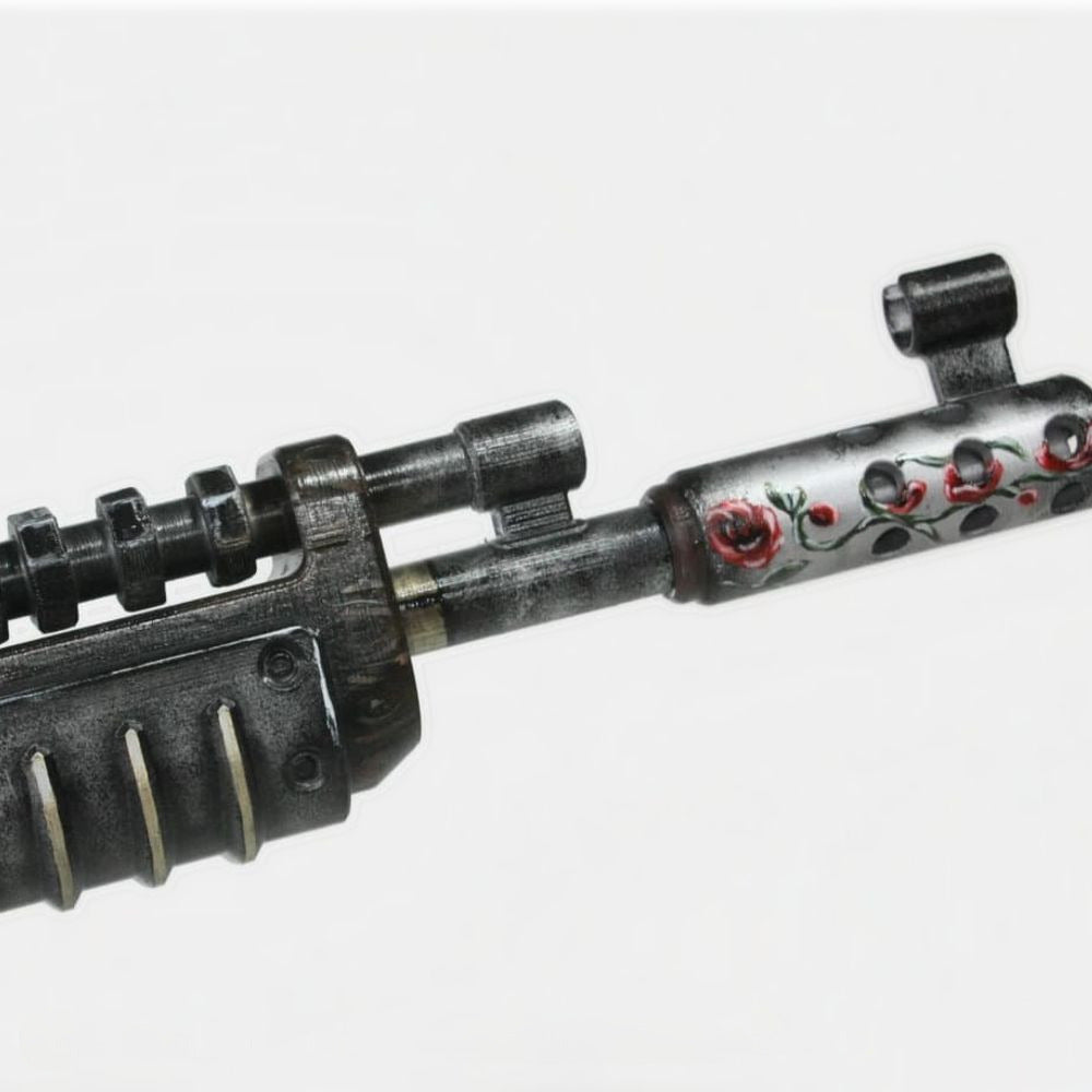Close-up of the Eltk AK barrel, the bright silver muzzle brake carrying roses of its own.