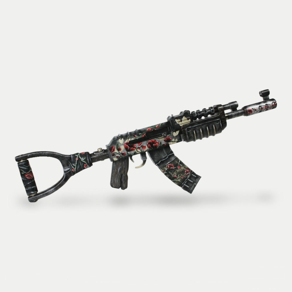 Rust Eltk AK prop, the full 75cm rifle with red roses painted over blackened metal.