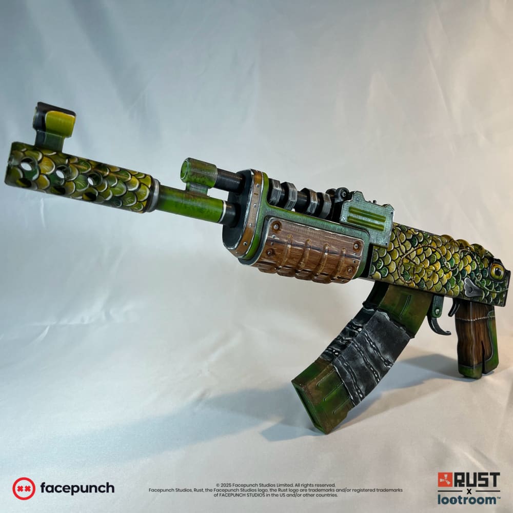 Rust Fish AK prop at an angle, scales, wood-look handguard and banded magazine together.