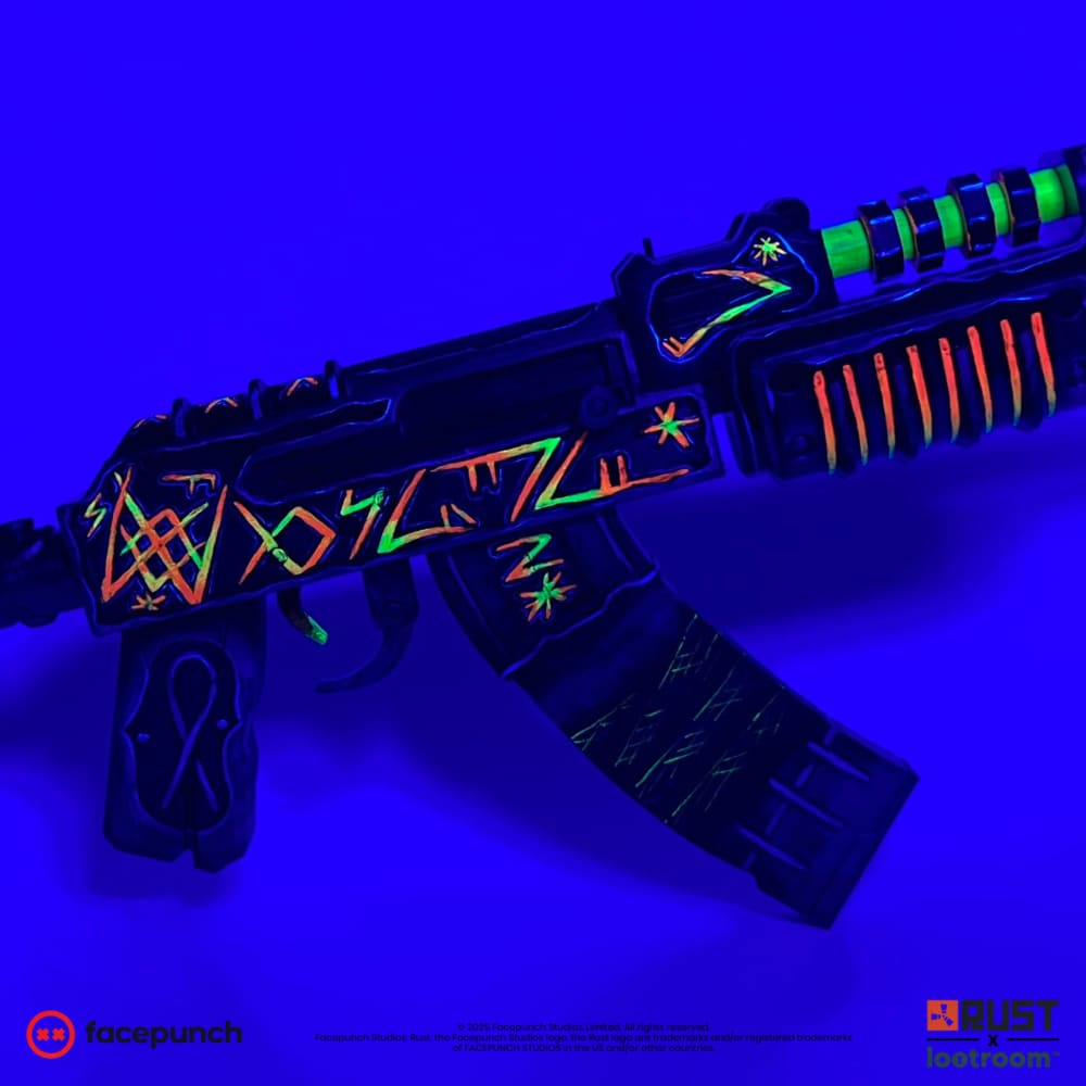 Rust From Hell AK prop under UV light, its glyphs lighting up orange and green.