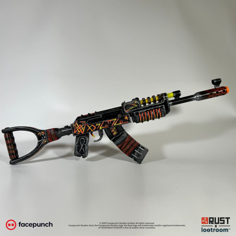Rust From Hell AK prop, full side view of the 75cm build in weathered black with orange glyphs.