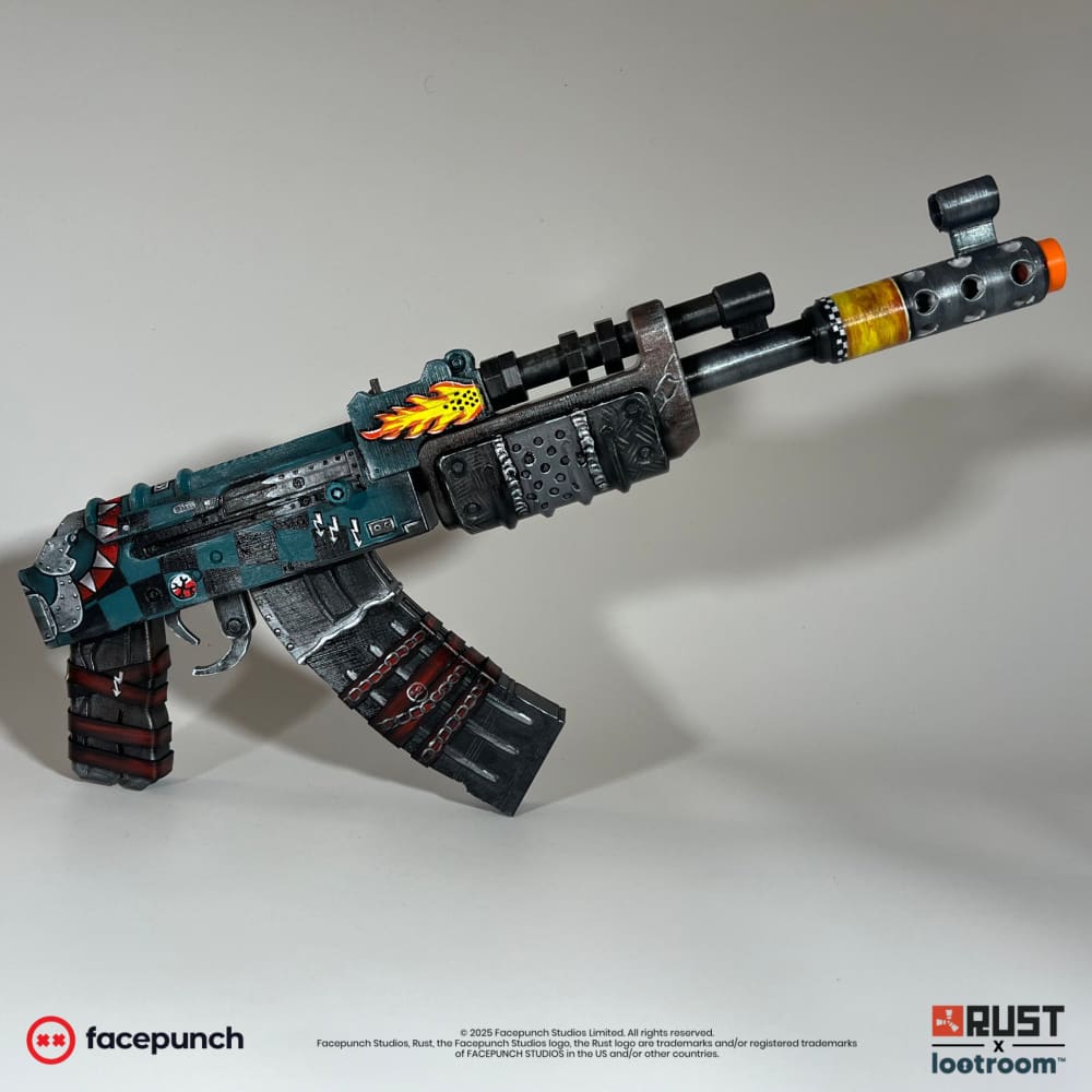 Rust Gearlord AK prop, full side view of the 50cm build in dark turquoise and black chequerboard.