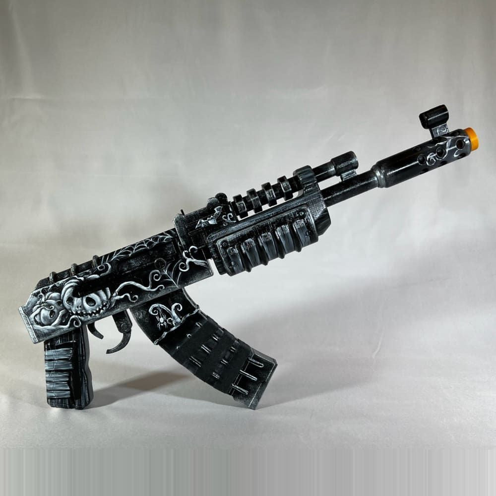 Rust Ghost Halloween AK prop, full side view of the 50cm build with white artwork over black.
