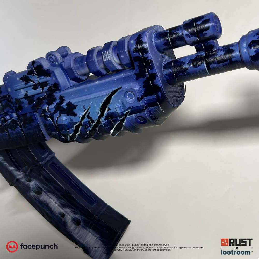 Close-up of the isvolcano AK handguard, three claw marks torn across the night scene.
