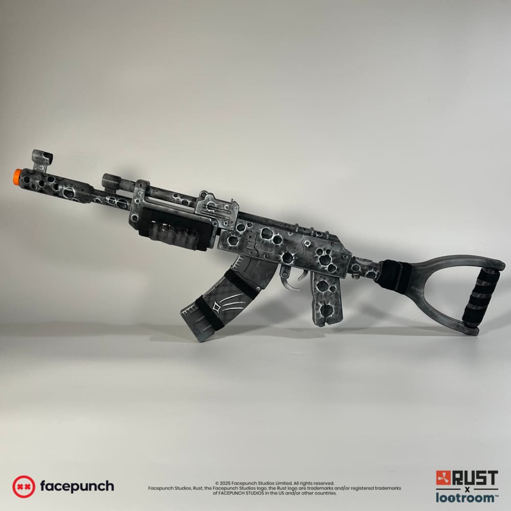 Rust Lunar AK prop from the reverse side, craters running the length of the 75cm build.