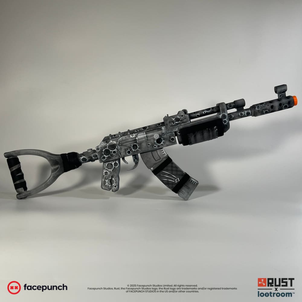 Rust Lunar AK prop, full side view of the 75cm build painted as grey cratered moon surface.