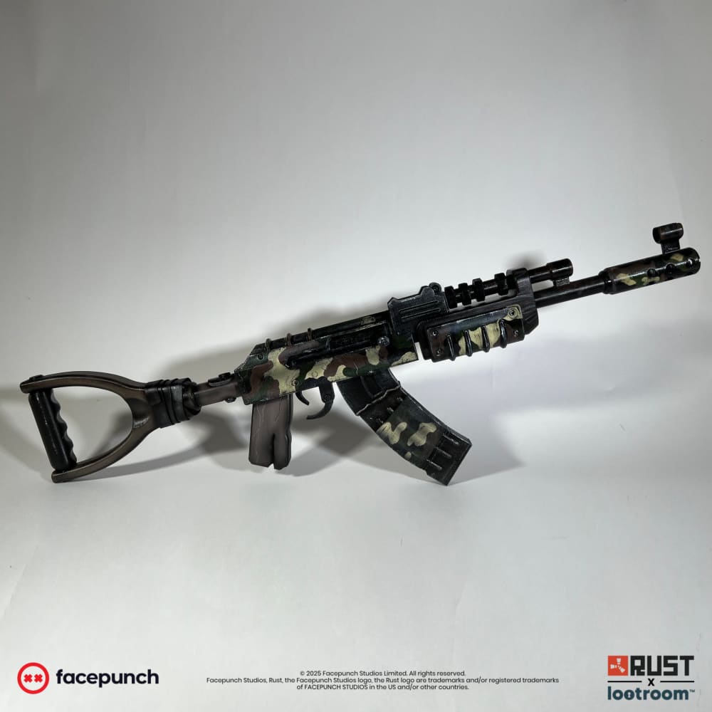Rust Military Camo AK prop, full side view of the 75cm build in olive, brown, sand and black.