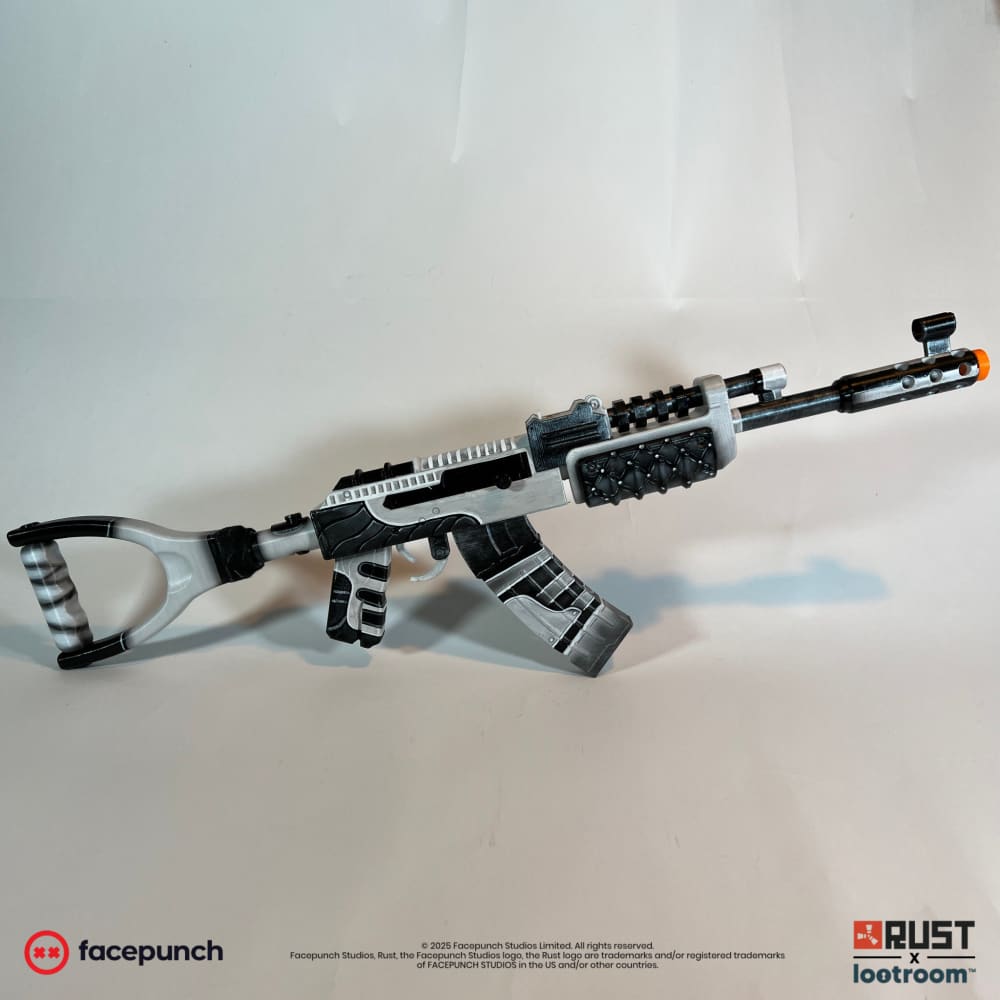 Rust No Mercy AK prop, full side view of the 75cm build in silver-white and black.