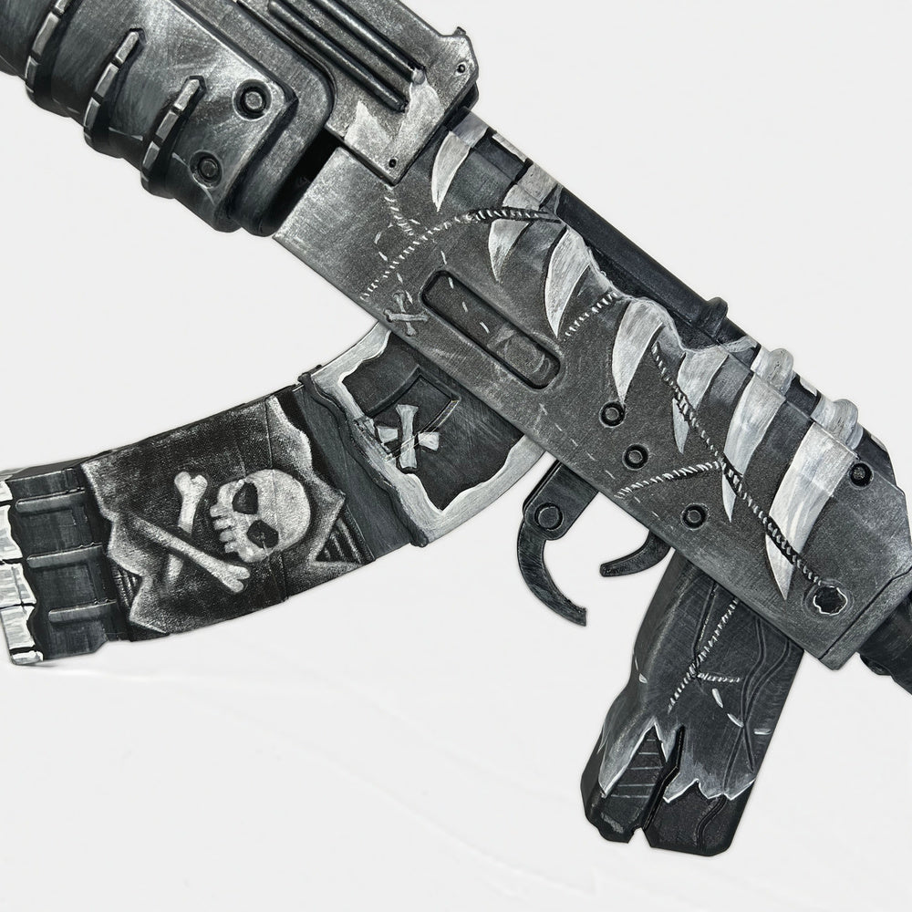 Close-up of the Pirat AK magazine and receiver, white hatching and seam lines over black.
