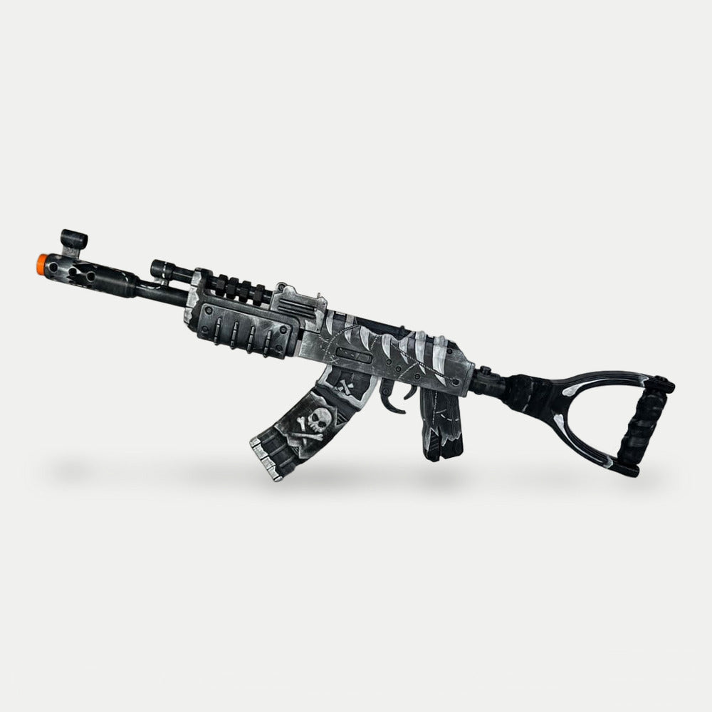The Pirat AK prop from the other side, with the white skull and crossed bones on the magazine.
