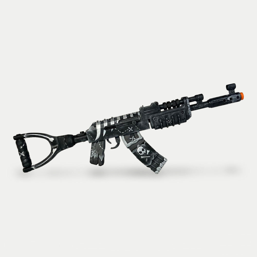 Rust Pirat AK prop in full length from the side, black with white pen-style strokes.