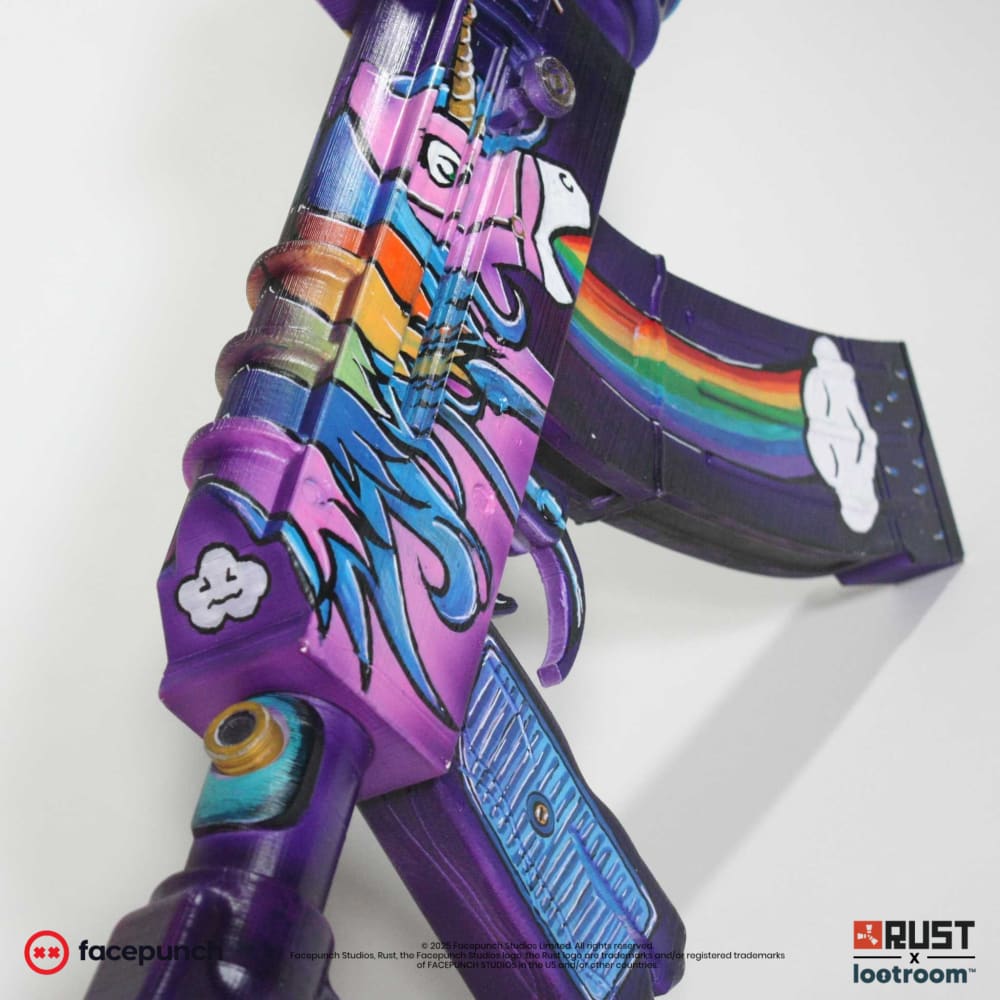 Rust Rainbow Pony AK prop from below, unicorn mane and rainbow in close-up